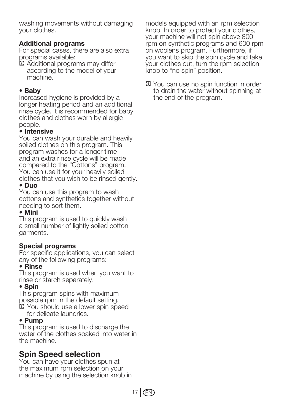 Spin speed selection | Beko WM 6133 W User Manual | Page 17 / 36