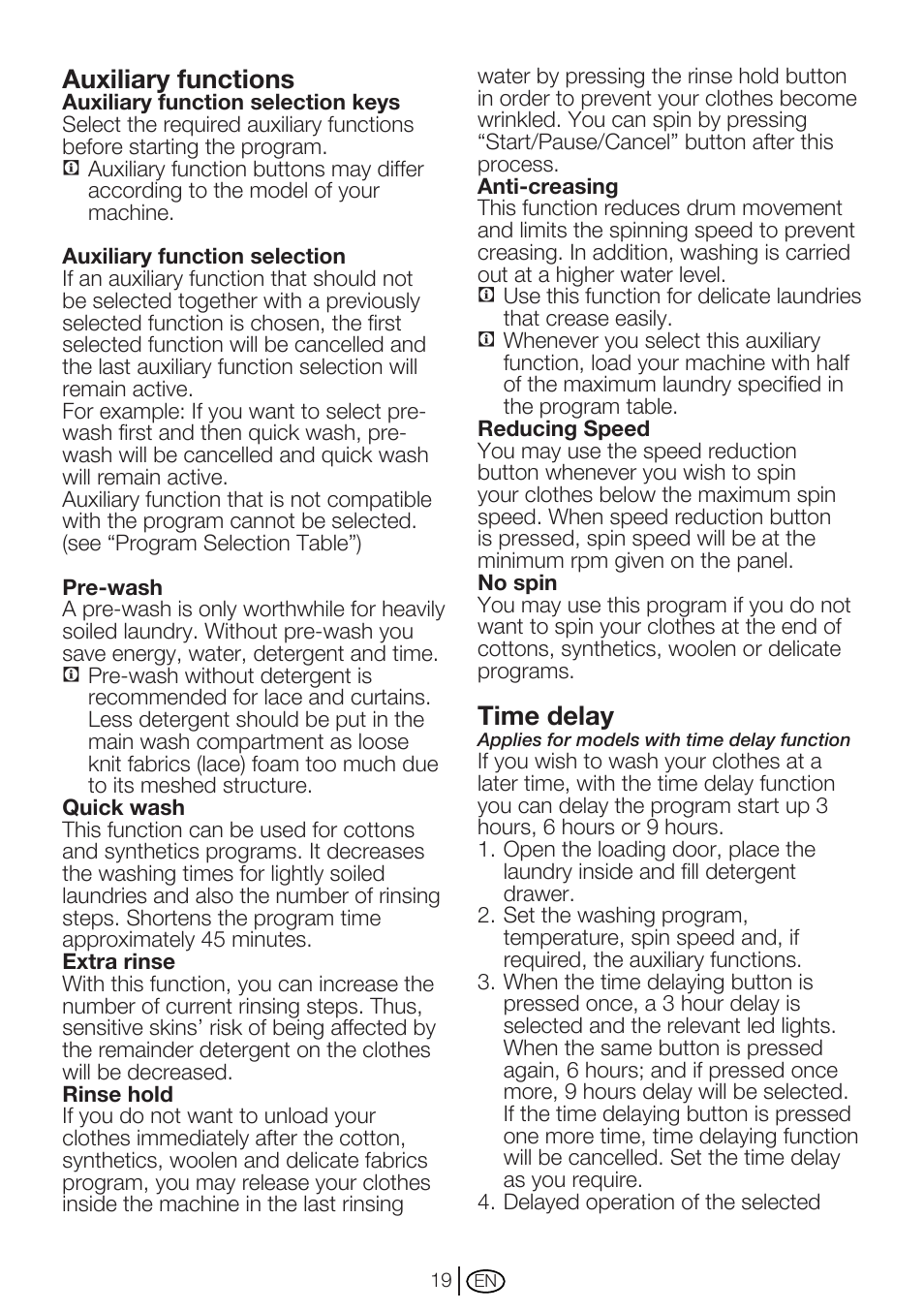 Auxiliary functions, Time delay | Beko WM 6133 W User Manual | Page 19 / 36