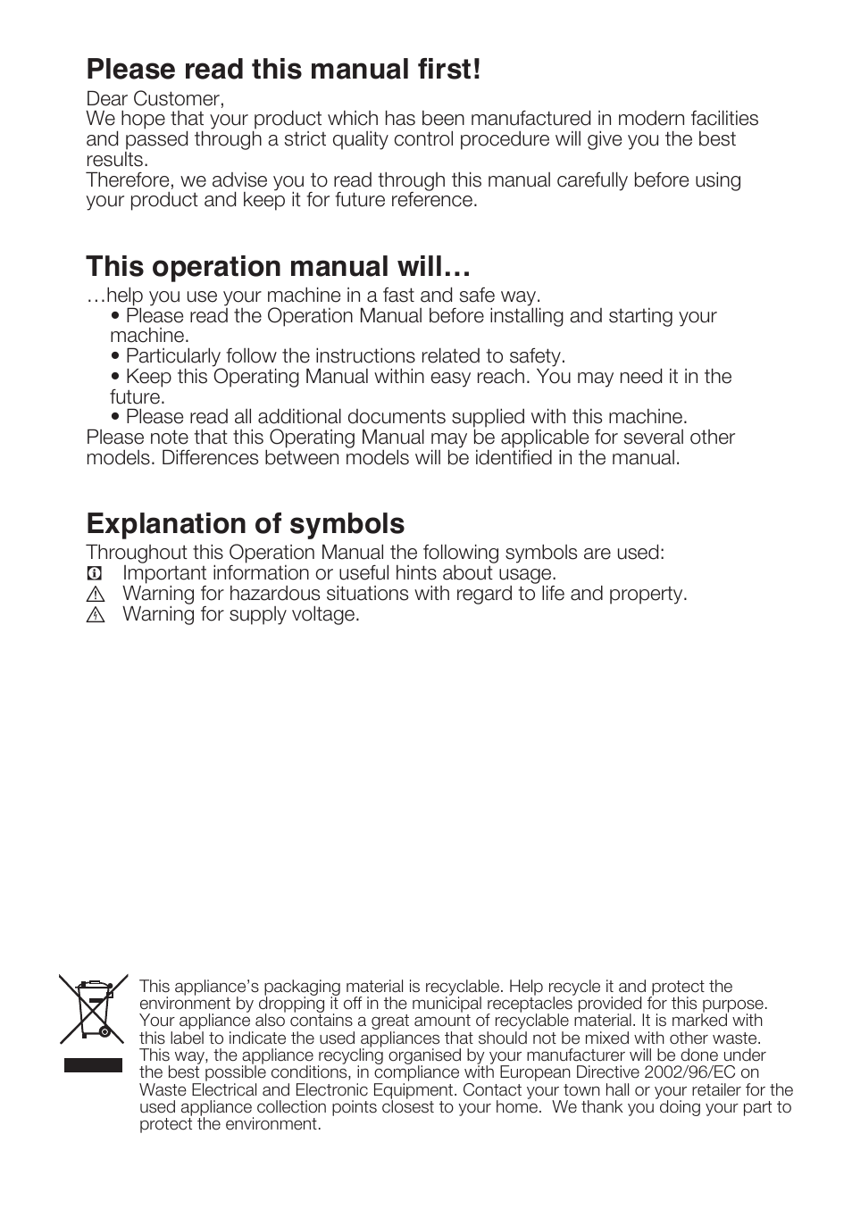 Please read this manual first, This operation manual will, Explanation of symbols | Beko WM 6133 W User Manual | Page 2 / 36