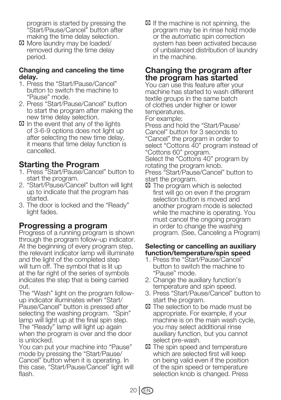 Starting the program, Progressing a program, Changing the program after the program has started | Beko WM 6133 W User Manual | Page 20 / 36