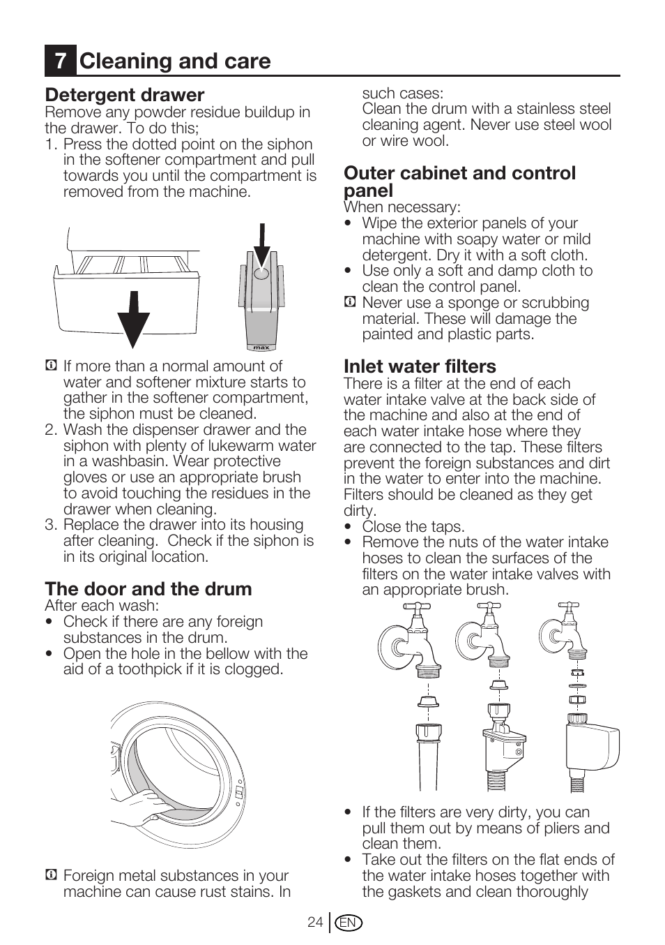 7cleaning and care, Detergent drawer, The door and the drum | Outer cabinet and control panel, Inlet water filters | Beko WM 6133 W User Manual | Page 24 / 36
