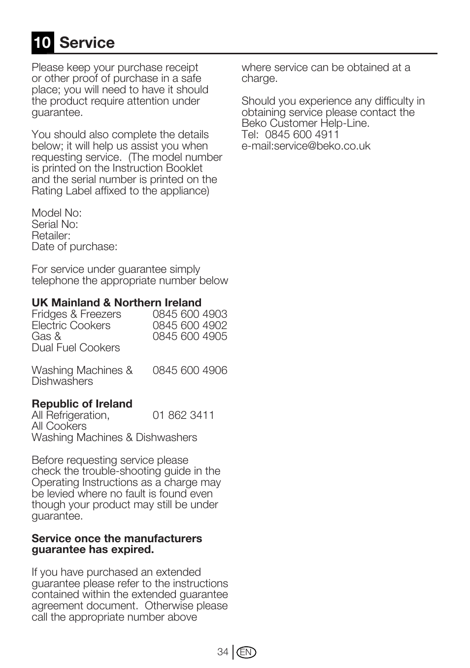 10 service | Beko WM 6133 W User Manual | Page 34 / 36