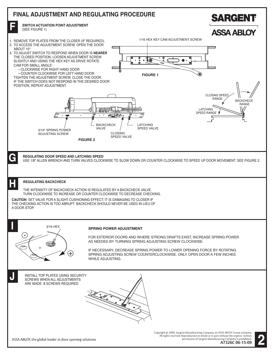 Final adjustment and regulating procedure | SARGENT 268 Series Overhead Concealed User Manual | Page 2 / 3