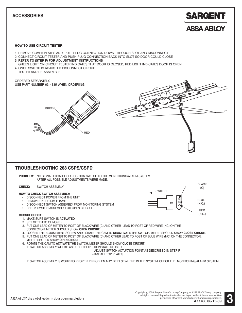 Troubleshooting 268 csps/cspd, Accessories | SARGENT 268 Series Overhead Concealed User Manual | Page 3 / 3