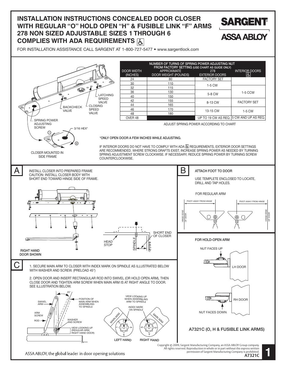 SARGENT 278 Series Overhead Concealed User Manual | 2 pages