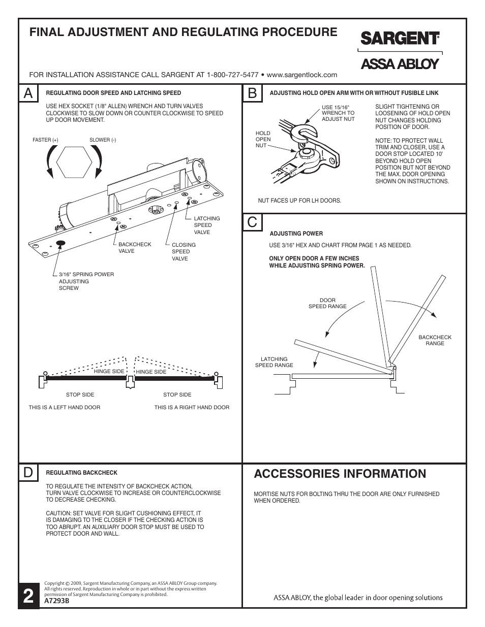 Ad b c, Final adjustment and regulating procedure, Accessories information | SARGENT 278 Series Overhead Concealed User Manual | Page 2 / 2