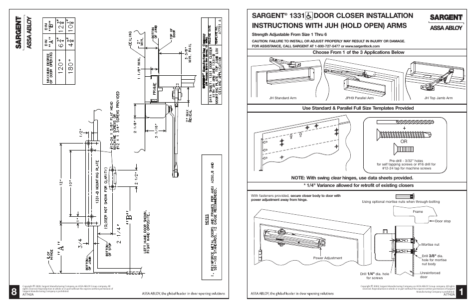 SARGENT 1331 Series Aluminum Closer User Manual | 8 pages