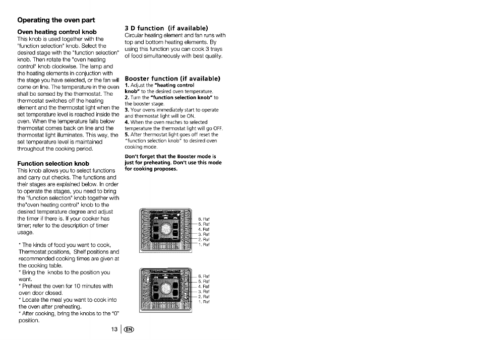 Oven heating controi knob, Function selection knob, 3 d function (if available) | Booster function (if available), Operating the oven part | Beko 4401 User Manual | Page 14 / 24