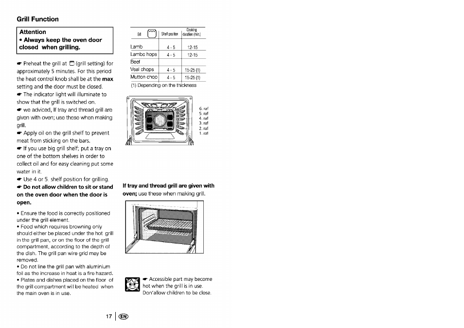 Attention, Grill function | Beko 4401 User Manual | Page 18 / 24