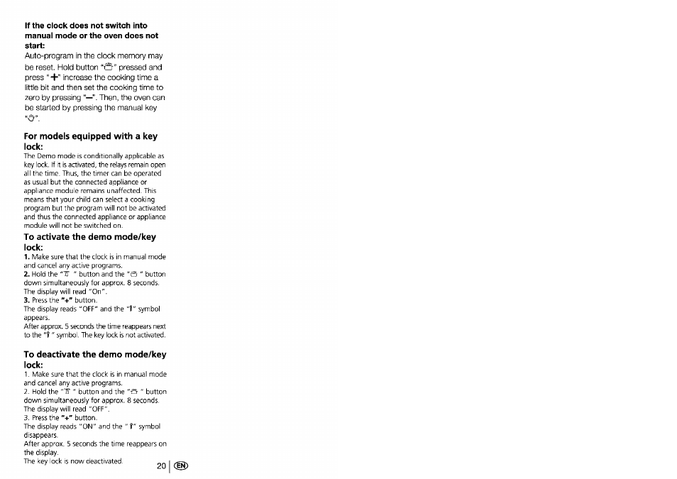 For models equipped with a key lock, To deactivate the demo mode/key lock | Beko 4401 User Manual | Page 21 / 24