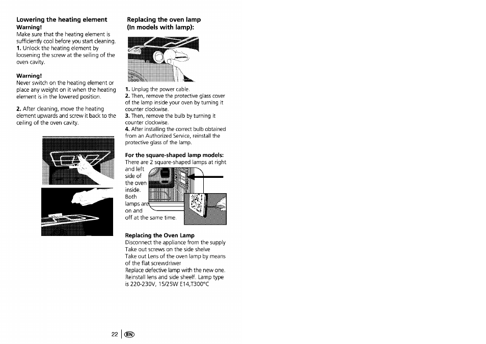 Lowering the heating element warning, Replacing the oven lamp (in models with lamp) | Beko 4401 User Manual | Page 23 / 24