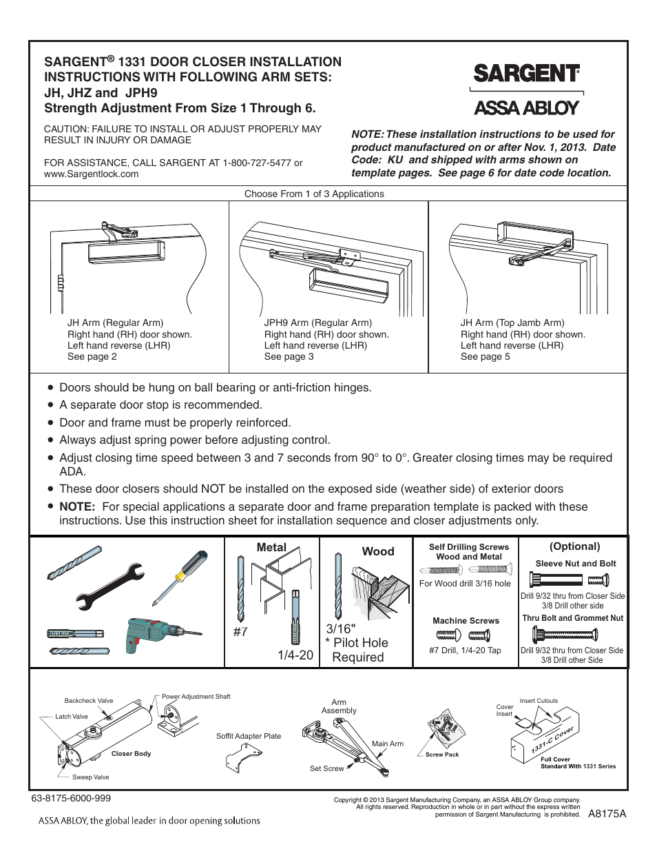 SARGENT 1331 Series Aluminum Closer User Manual | 6 pages