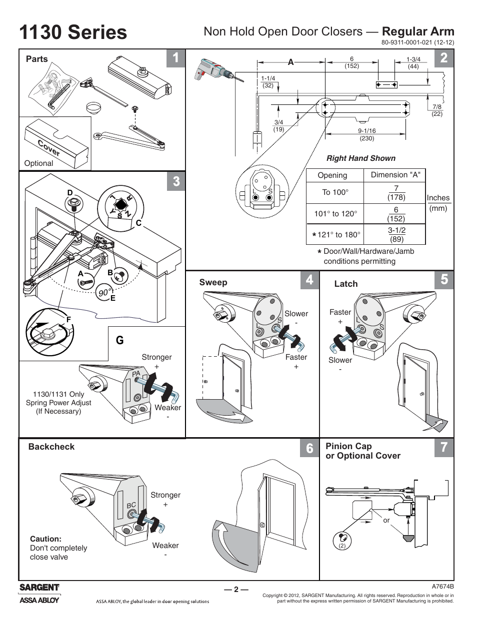 1130 series, Non hold open door closers — regular arm | SARGENT 1130 Series User Manual | Page 2 / 6