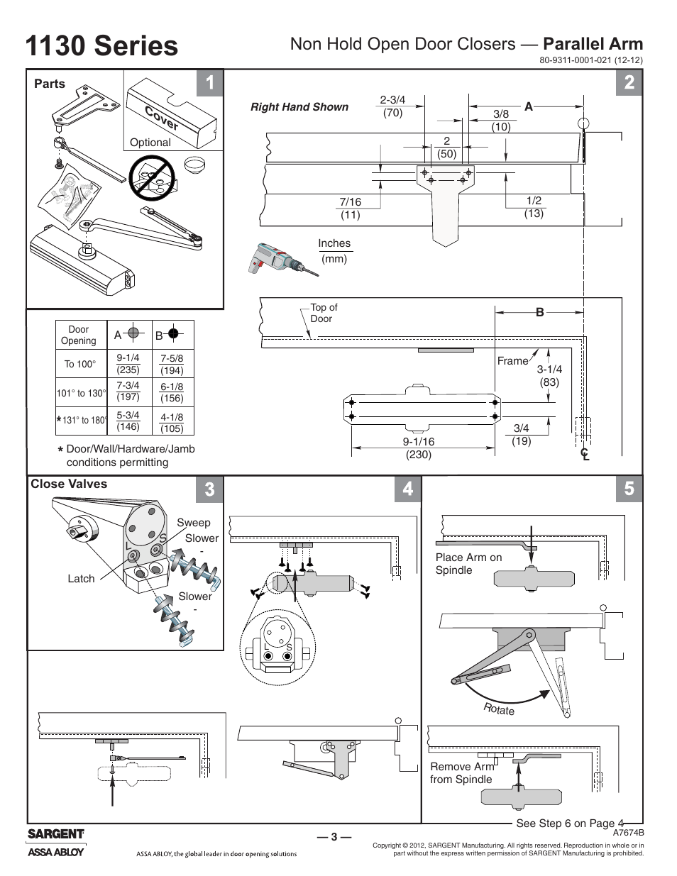 1130 series, Non hold open door closers — parallel arm | SARGENT 1130 Series User Manual | Page 3 / 6