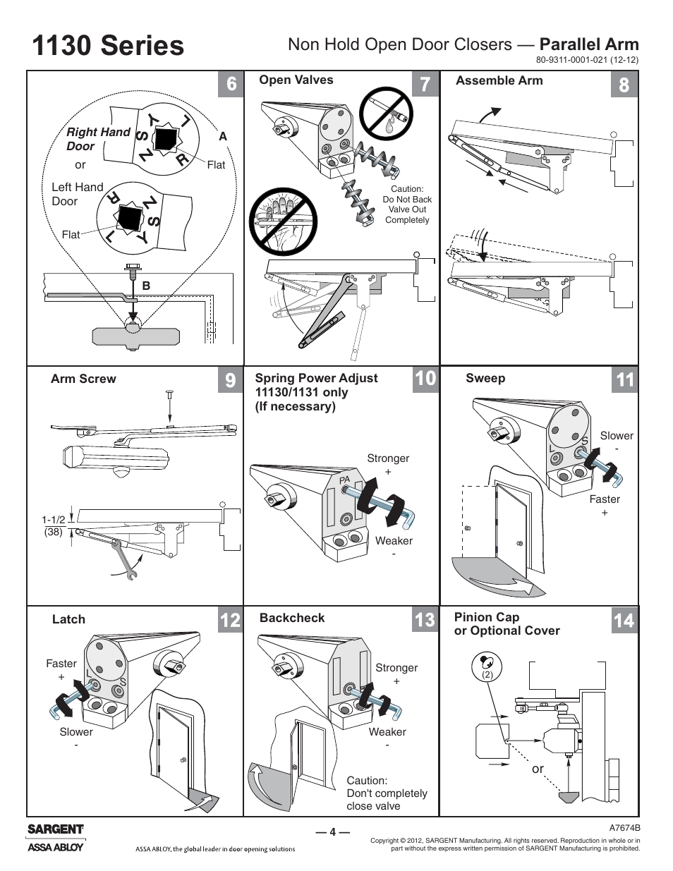 1130 series, Non hold open door closers — parallel arm, Ys z | SARGENT 1130 Series User Manual | Page 4 / 6