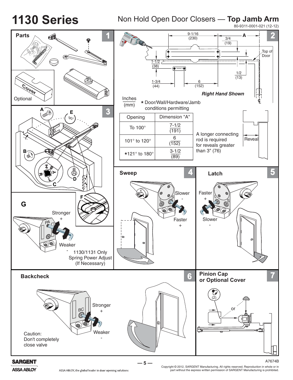 1130 series, Non hold open door closers — top jamb arm | SARGENT 1130 Series User Manual | Page 5 / 6