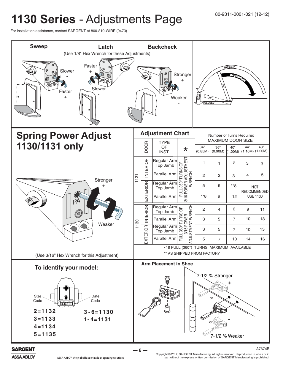1130 series - adjustments page, Backcheck, Sweep | Latch, Adjustment chart | SARGENT 1130 Series User Manual | Page 6 / 6