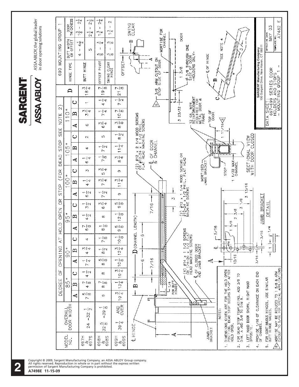 SARGENT 690 Series Heavy Duty Overhead Concealed Mount User Manual | Page 2 / 4