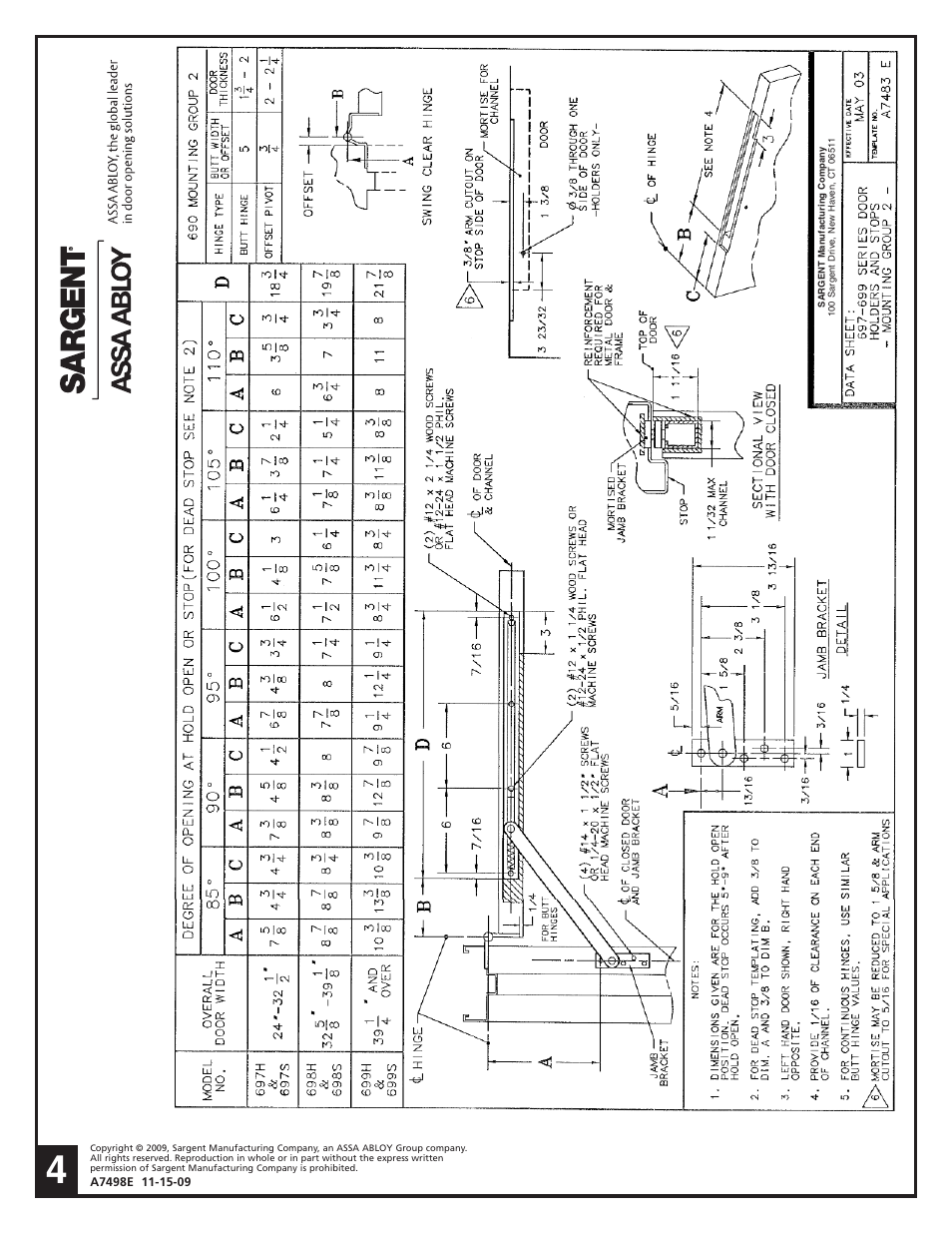 SARGENT 690 Series Heavy Duty Overhead Concealed Mount User Manual | Page 4 / 4