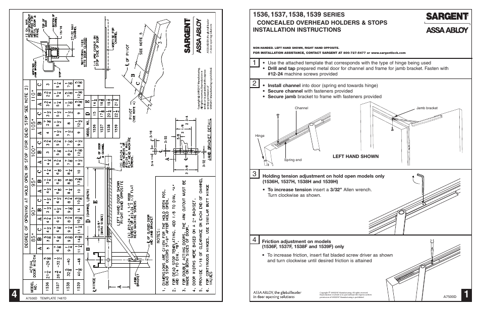 SARGENT 1530 Series Standard Duty Overhead Concealed Mount User Manual | 4 pages