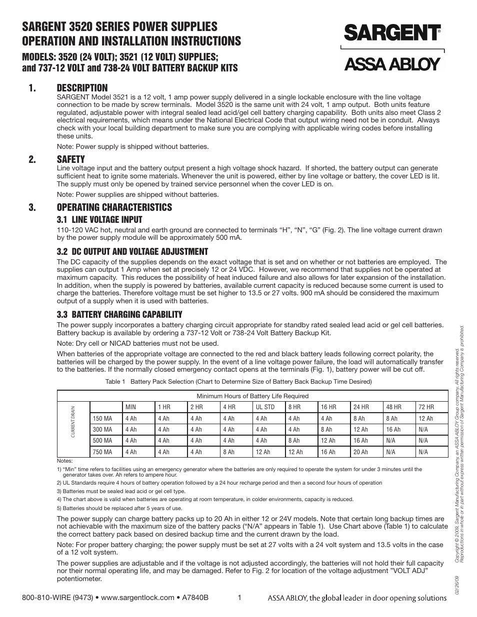 SARGENT Battery Packs 737 User Manual | 2 pages