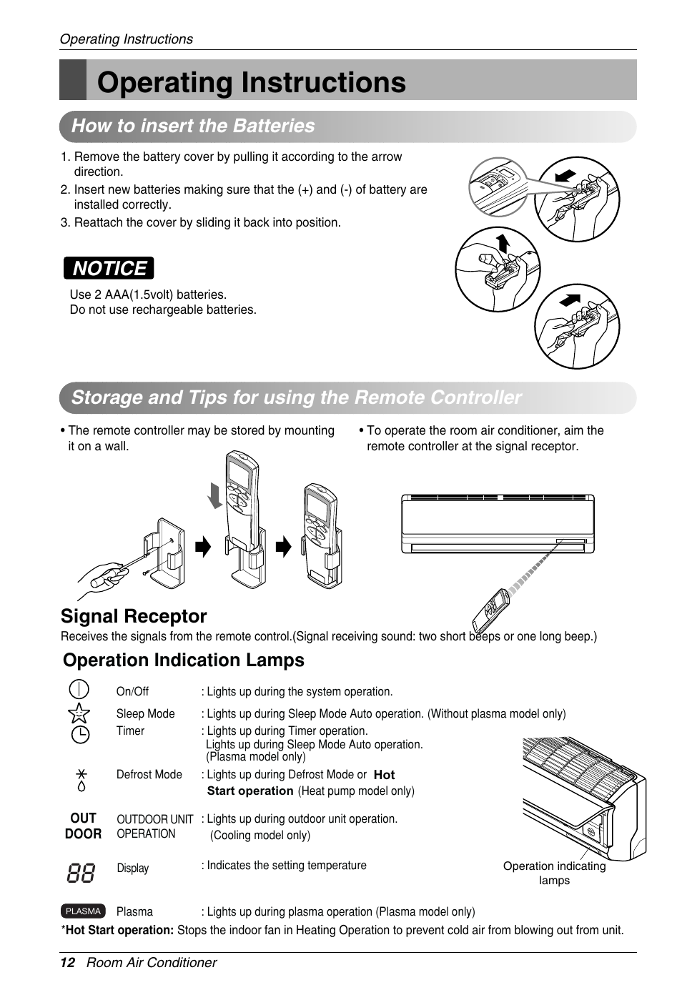 Operating instructions, Notice, Signal receptor | Operation indication lamps | Beko LG-BKE 7800 D User Manual | Page 12 / 29