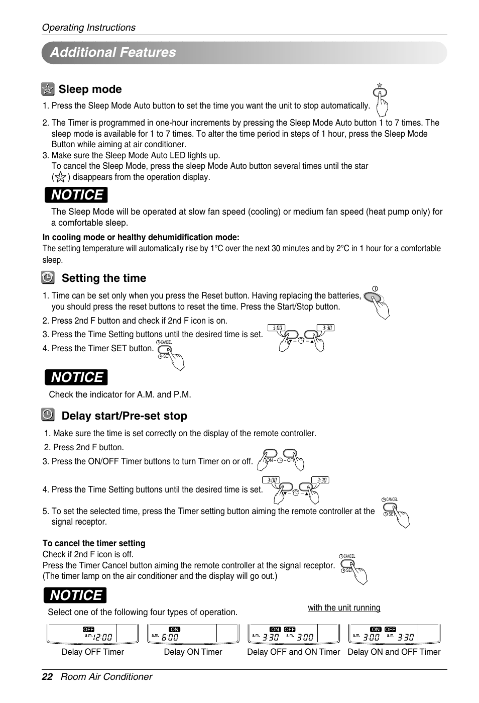 Notice, Additional features, Sleep mode | Setting the time, Delay start/pre-set stop | Beko LG-BKE 7800 D User Manual | Page 22 / 29
