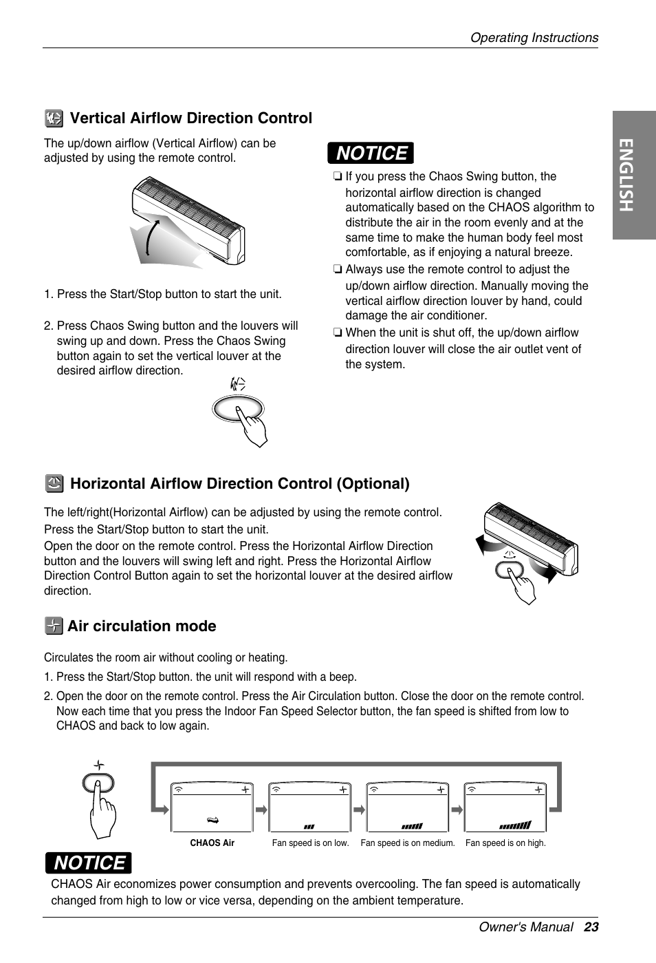 Notice, English, Vertical airflow direction control | Horizontal airflow direction control (optional), Air circulation mode | Beko LG-BKE 7800 D User Manual | Page 23 / 29