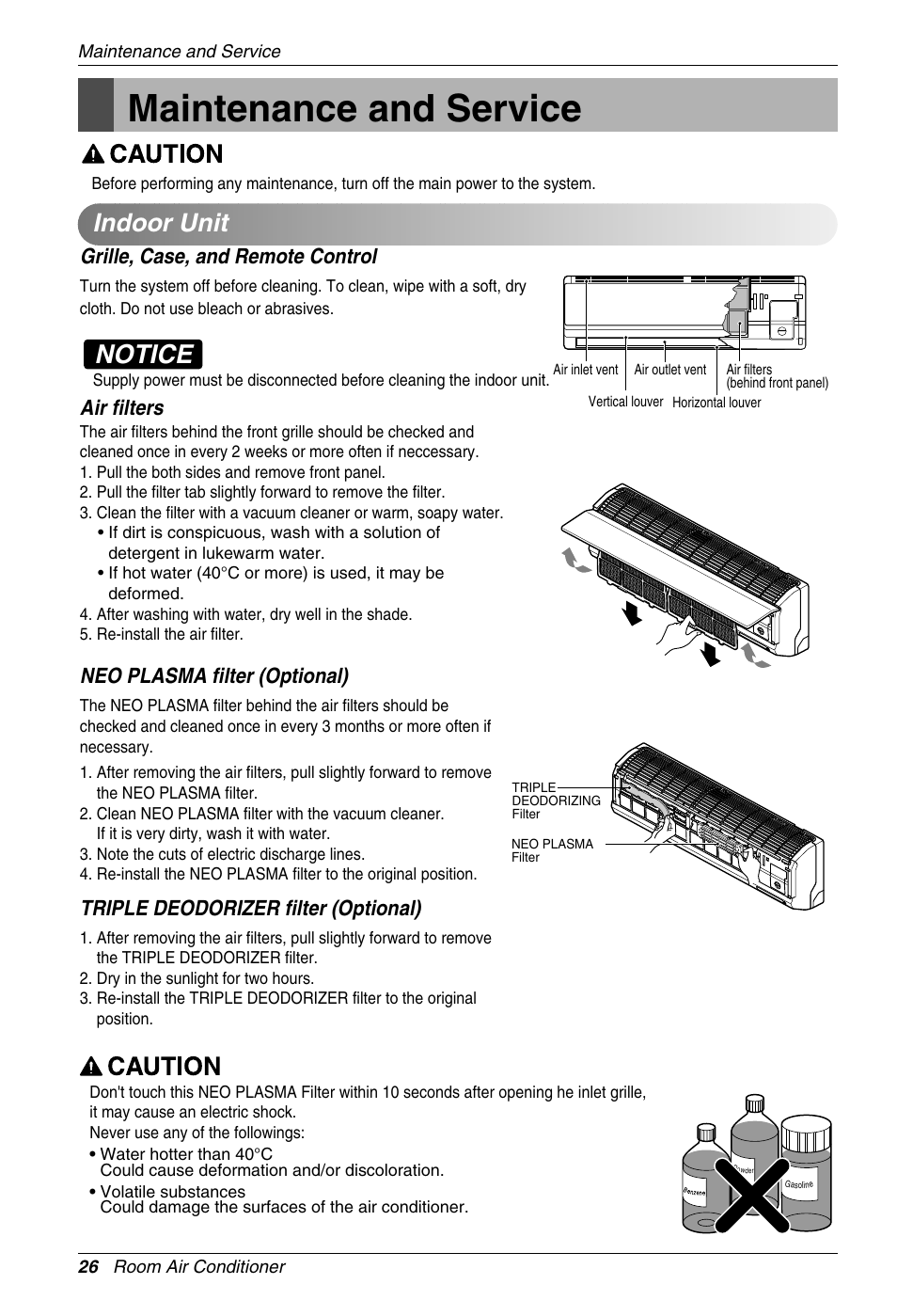 Maintenance and service, Notice, Indoor unit | Grille, case, and remote control, Air filters, Neo plasma filter (optional), Triple deodorizer filter (optional) | Beko LG-BKE 7800 D User Manual | Page 26 / 29