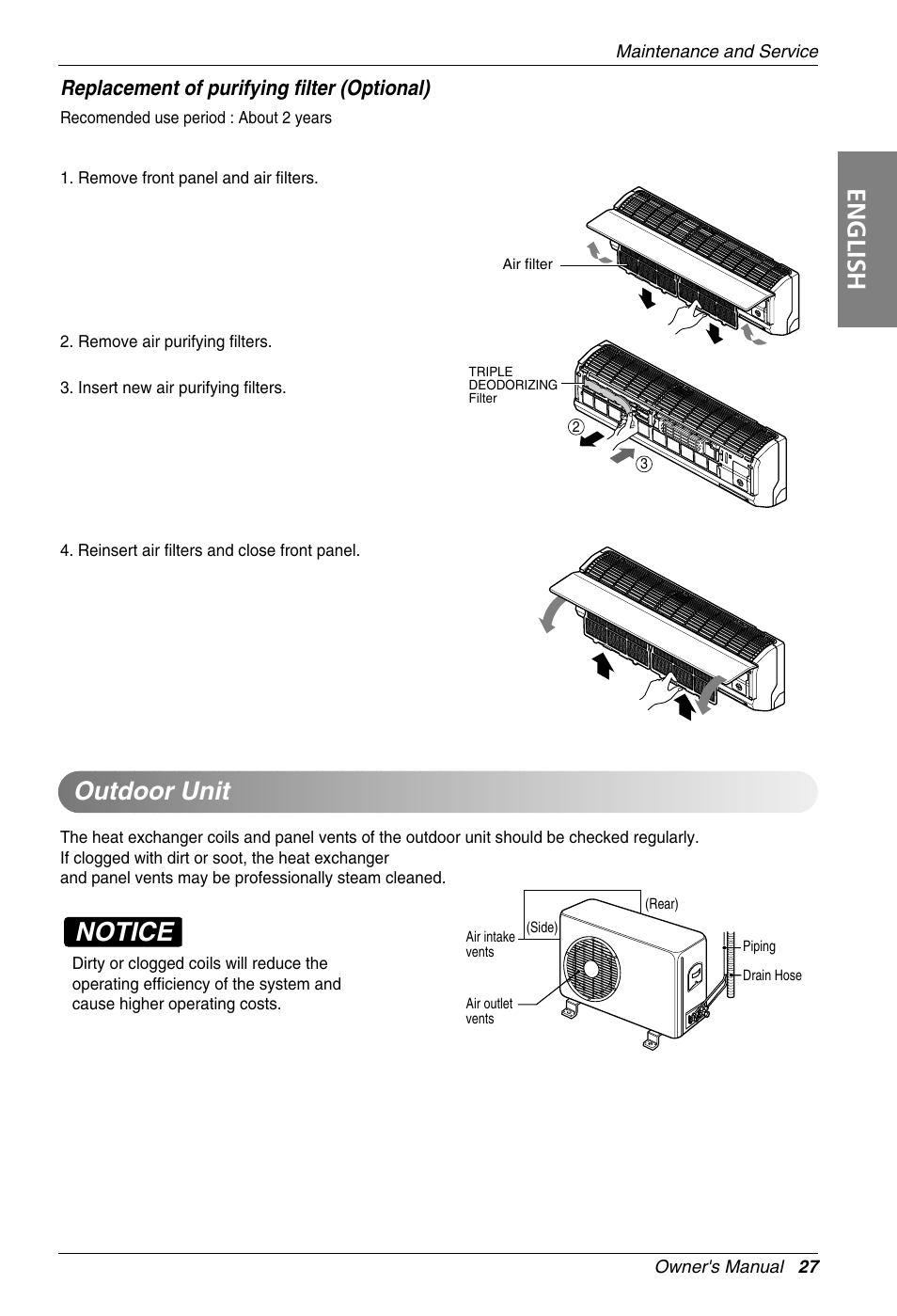 Notice, English, Outdoor unit | Replacement of purifying filter (optional) | Beko LG-BKE 7800 D User Manual | Page 27 / 29
