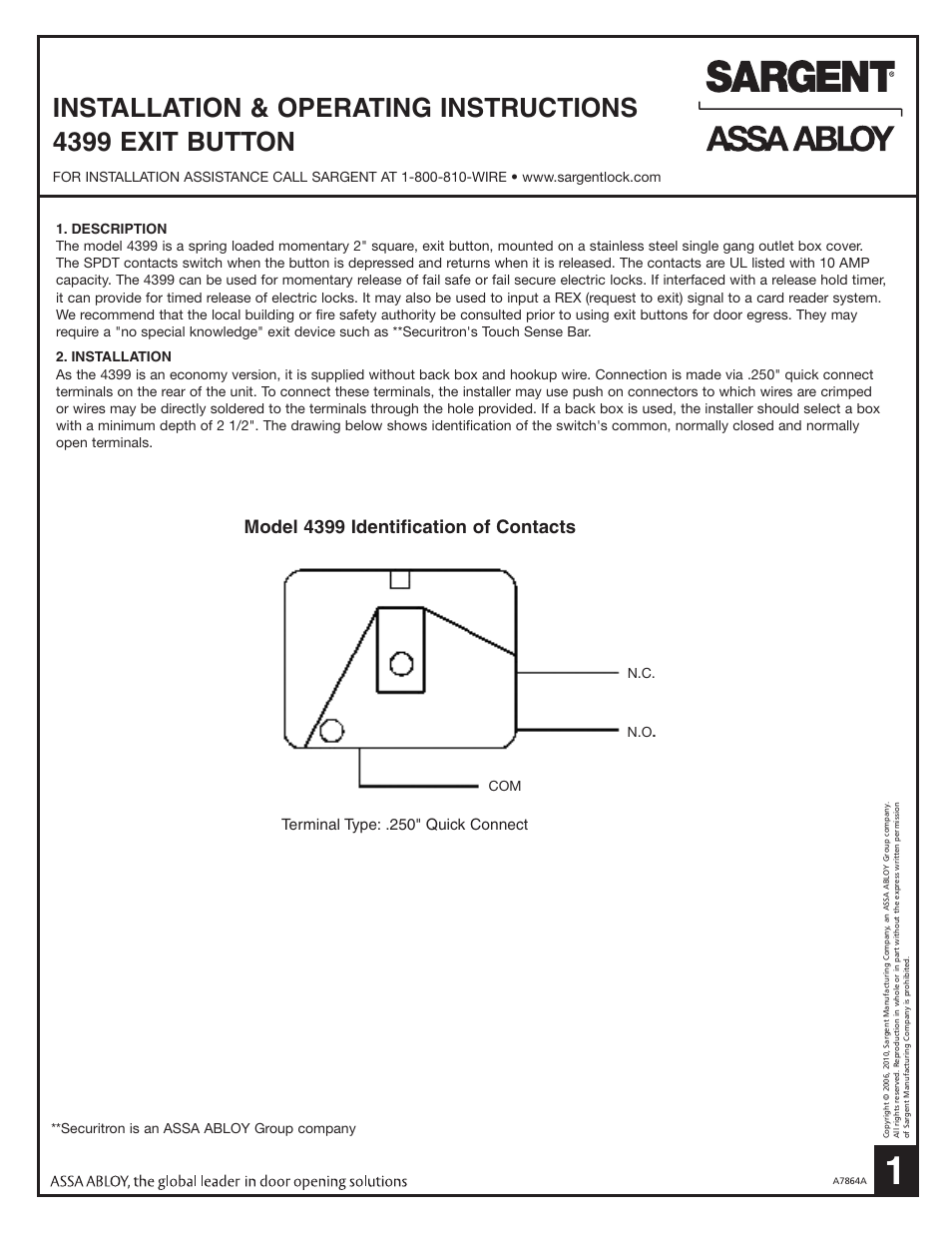 SARGENT 4370 - 4379 Key Switches User Manual | 2 pages