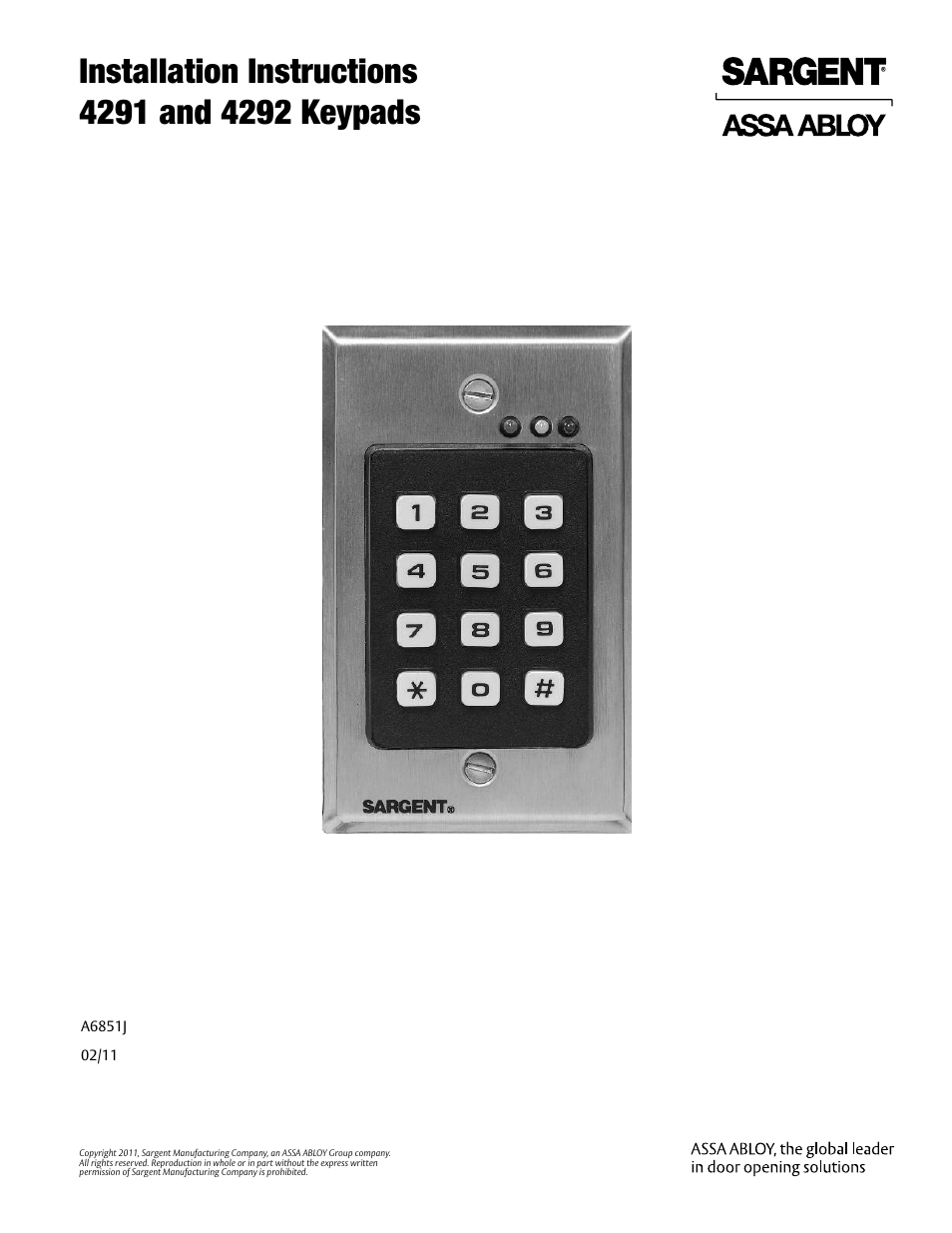 SARGENT 4292 Keypads User Manual | 8 pages