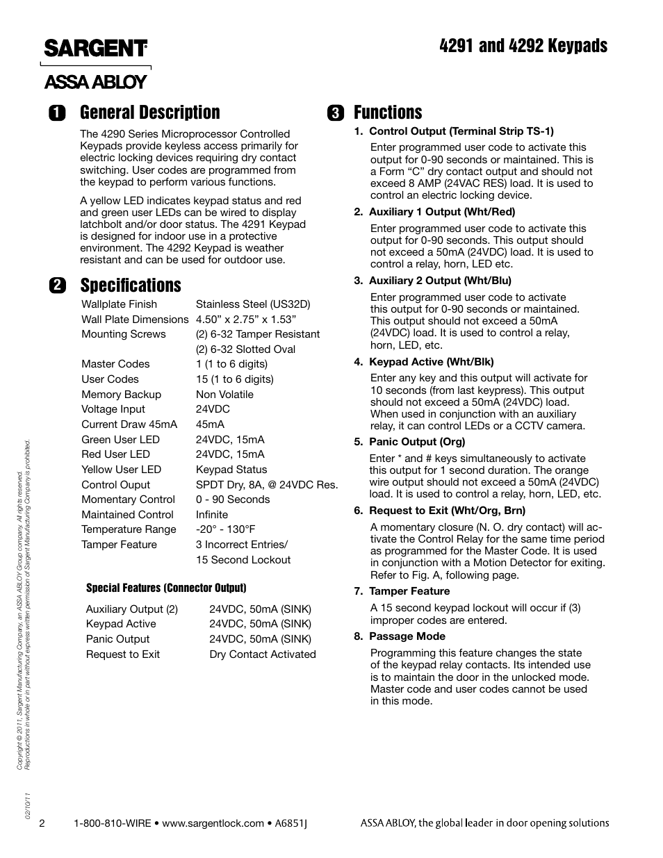 Specifications, Functions | SARGENT 4292 Keypads User Manual | Page 2 / 8