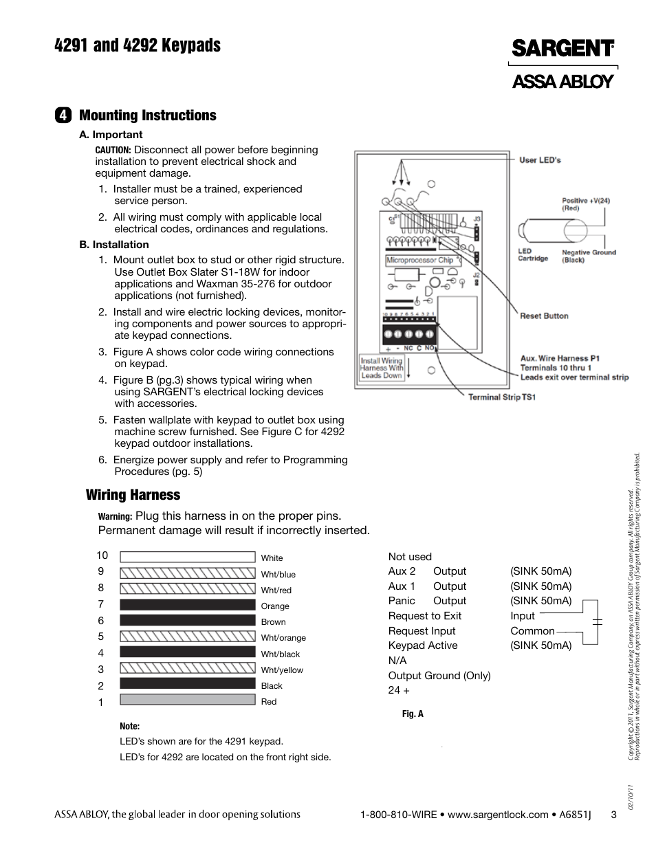 Mounting instructions, Wiring harness | SARGENT 4292 Keypads User Manual | Page 3 / 8