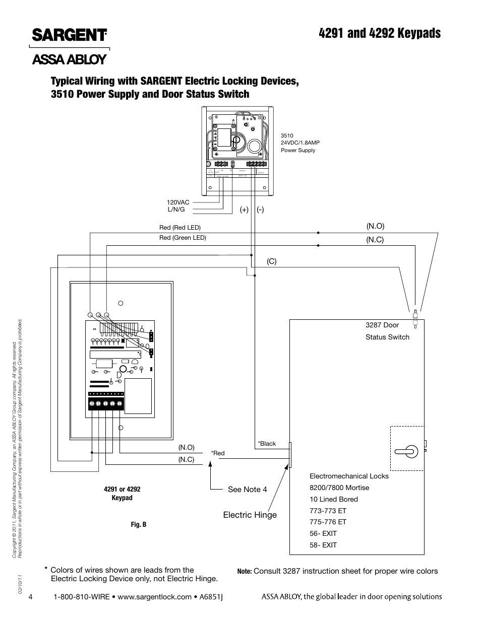 Electric hinge, C) (n.o) (n.c) | SARGENT 4292 Keypads User Manual | Page 4 / 8