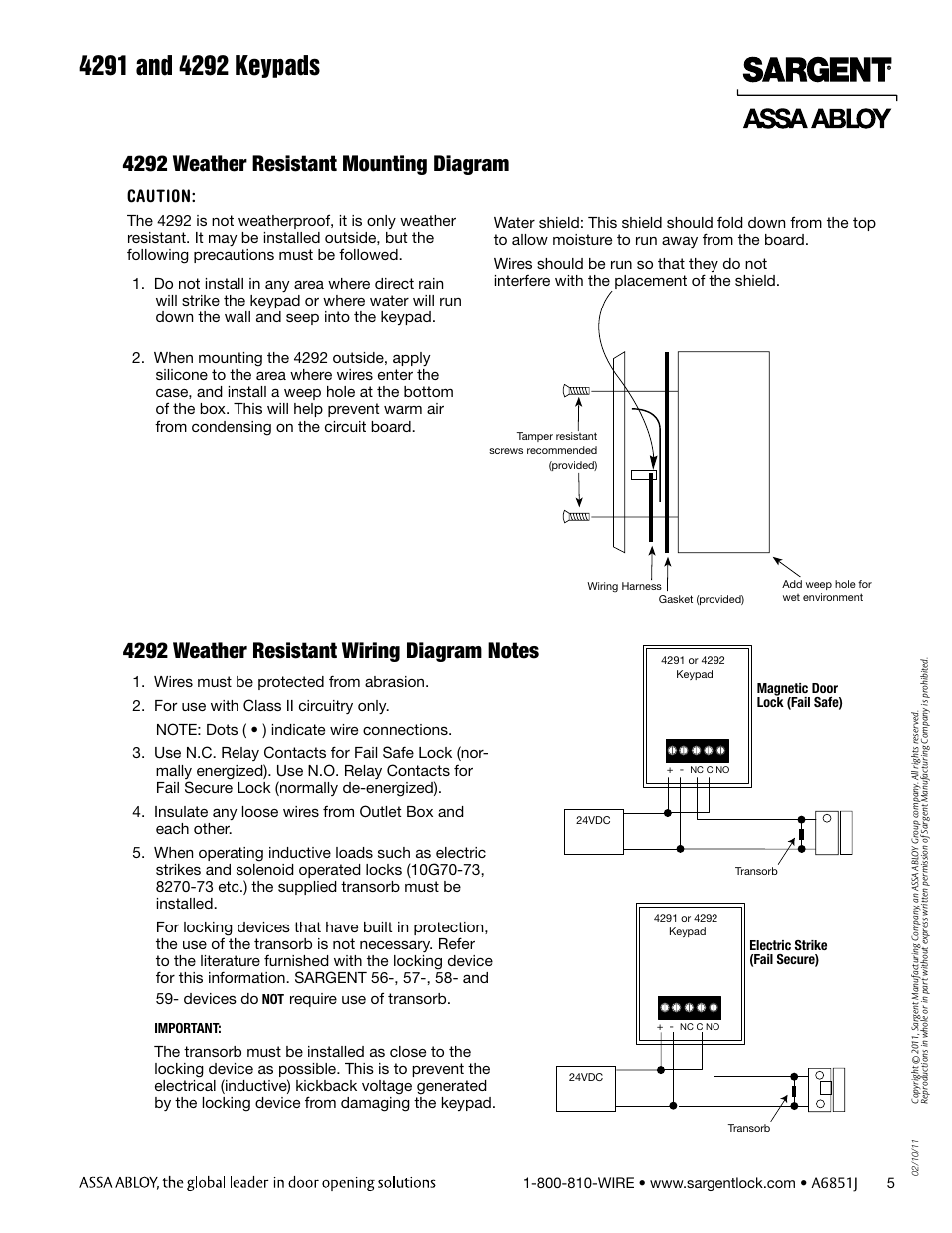 4292 weather resistant mounting diagram, Caution | SARGENT 4292 Keypads User Manual | Page 5 / 8