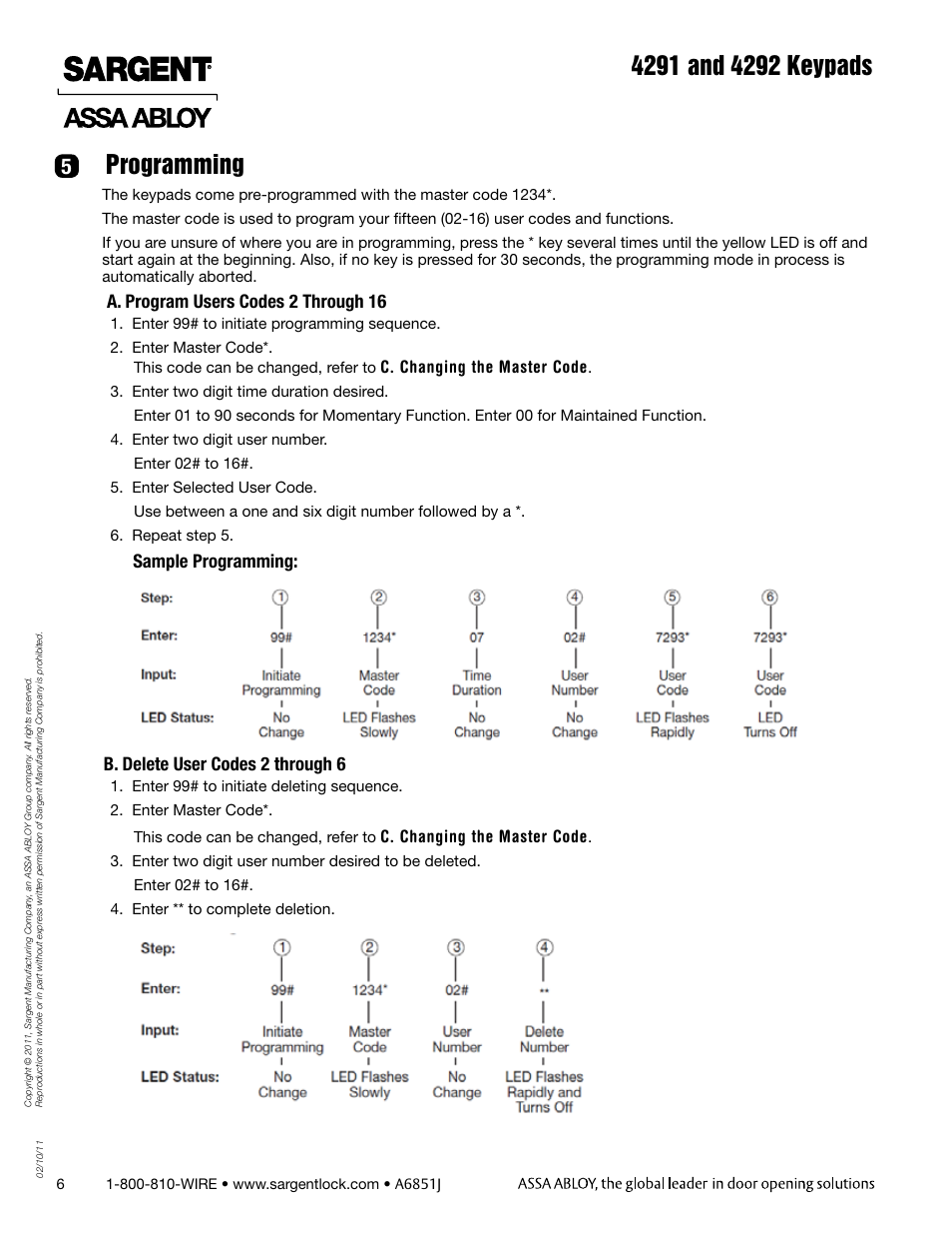 Programming | SARGENT 4292 Keypads User Manual | Page 6 / 8