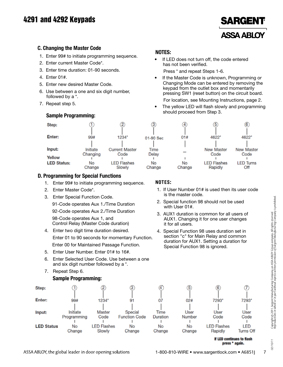 C. changing the master code, Sample programming | SARGENT 4292 Keypads User Manual | Page 7 / 8