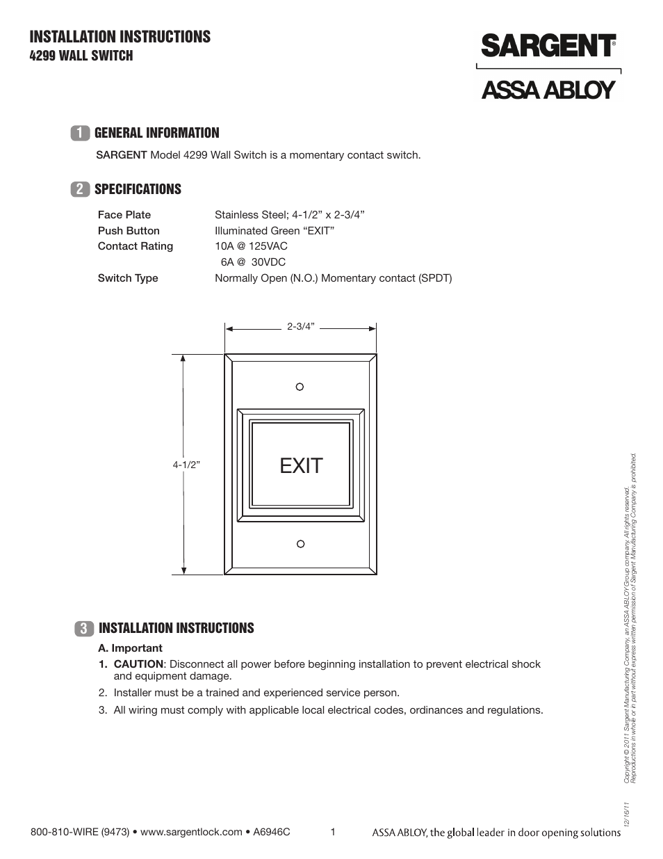 SARGENT Wall & Frame Switch User Manual | 2 pages