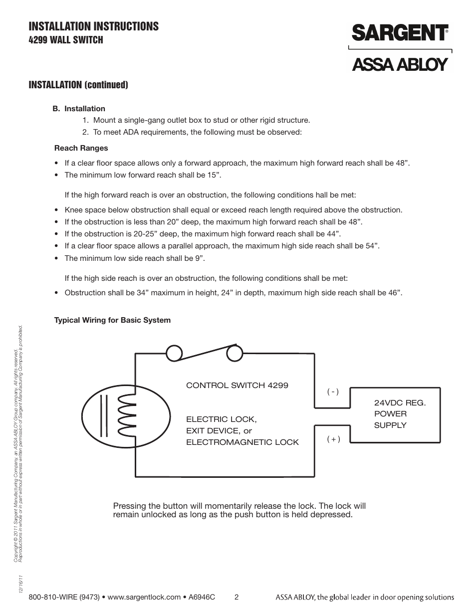 Installation instructions, 4299 wall switch, Installation (continued) | SARGENT Wall & Frame Switch User Manual | Page 2 / 2