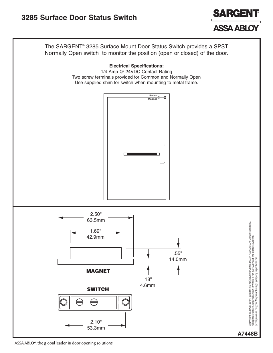 SARGENT 3287 Door Status Switch User Manual | 2 pages