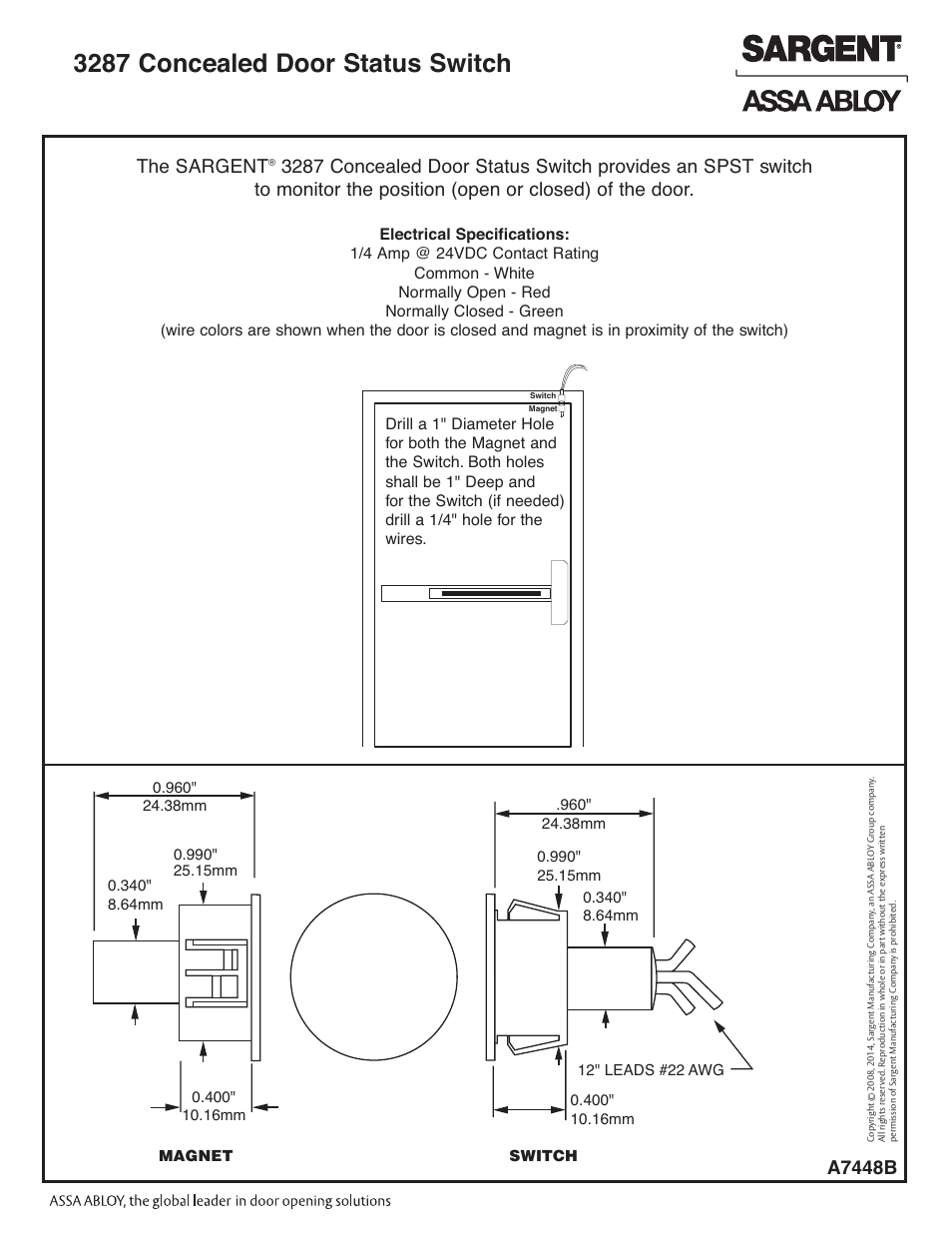 3287 concealed door status switch, The sargent, A7448b | SARGENT 3287 Door Status Switch User Manual | Page 2 / 2