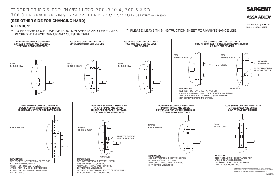 SARGENT 9900 Series Mortise Lock User Manual | 2 pages