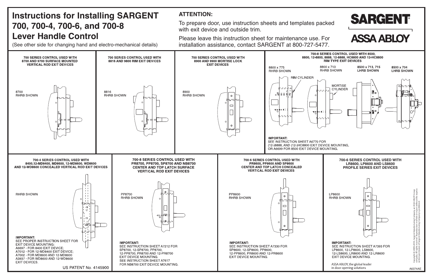 SARGENT FM8700 Surface Vertical Rod Exit Device User Manual | 2 pages