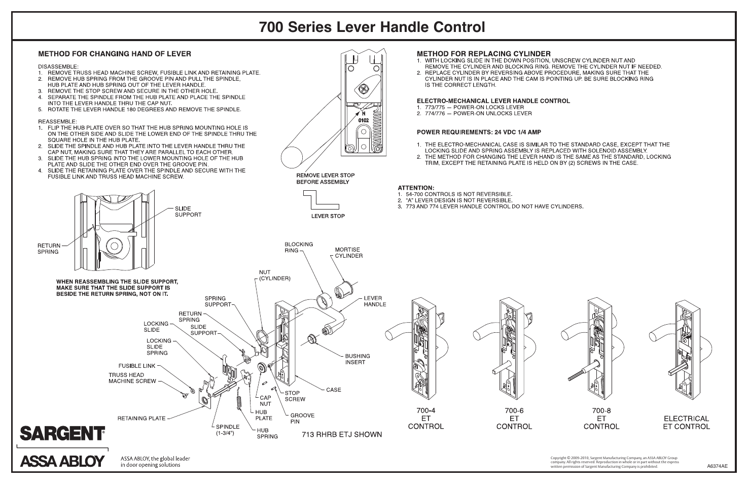 700 series lever handle control | SARGENT FM8700 Surface Vertical Rod Exit Device User Manual | Page 2 / 2