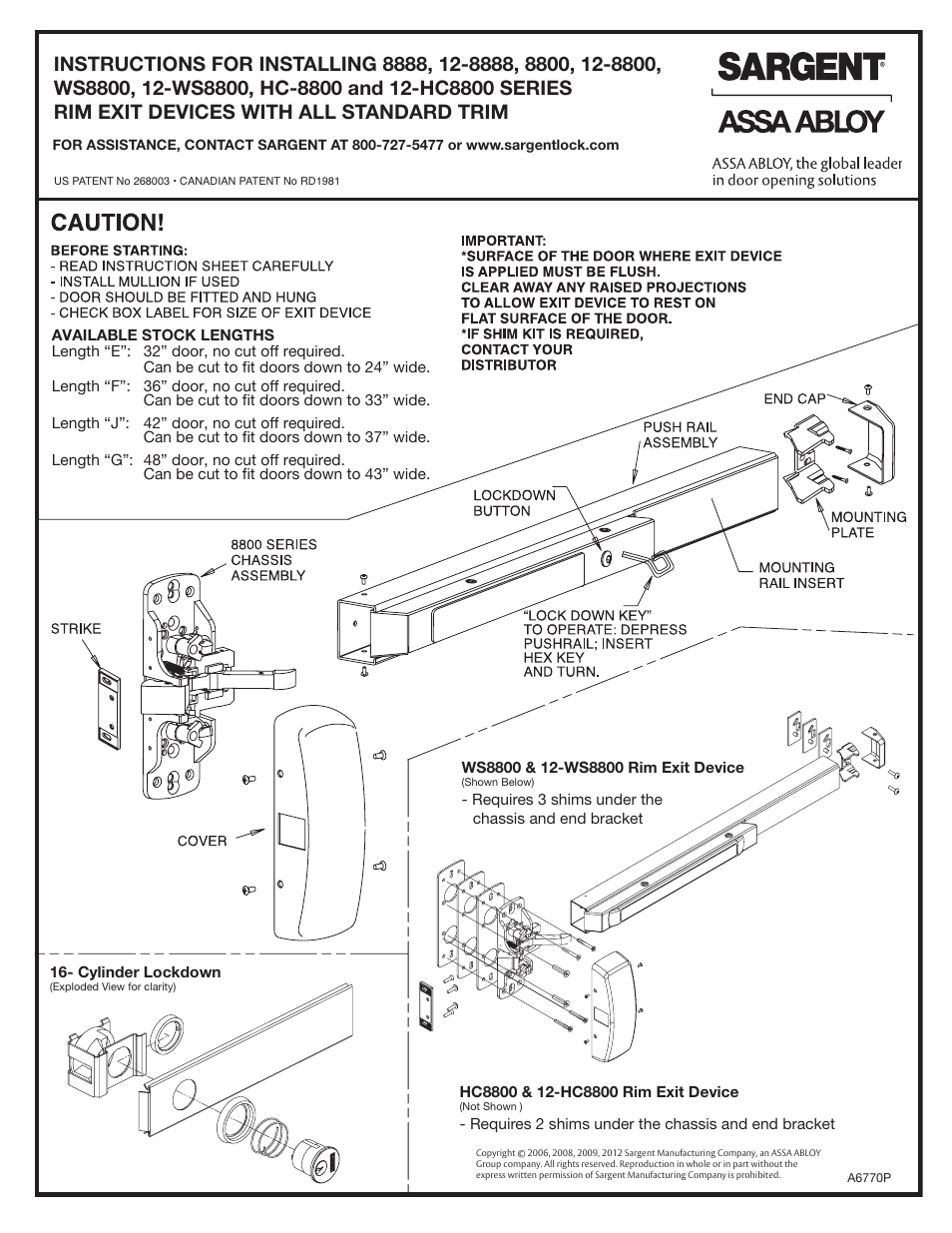 SARGENT 8888 Reversible Rim Exit Device User Manual | 6 pages