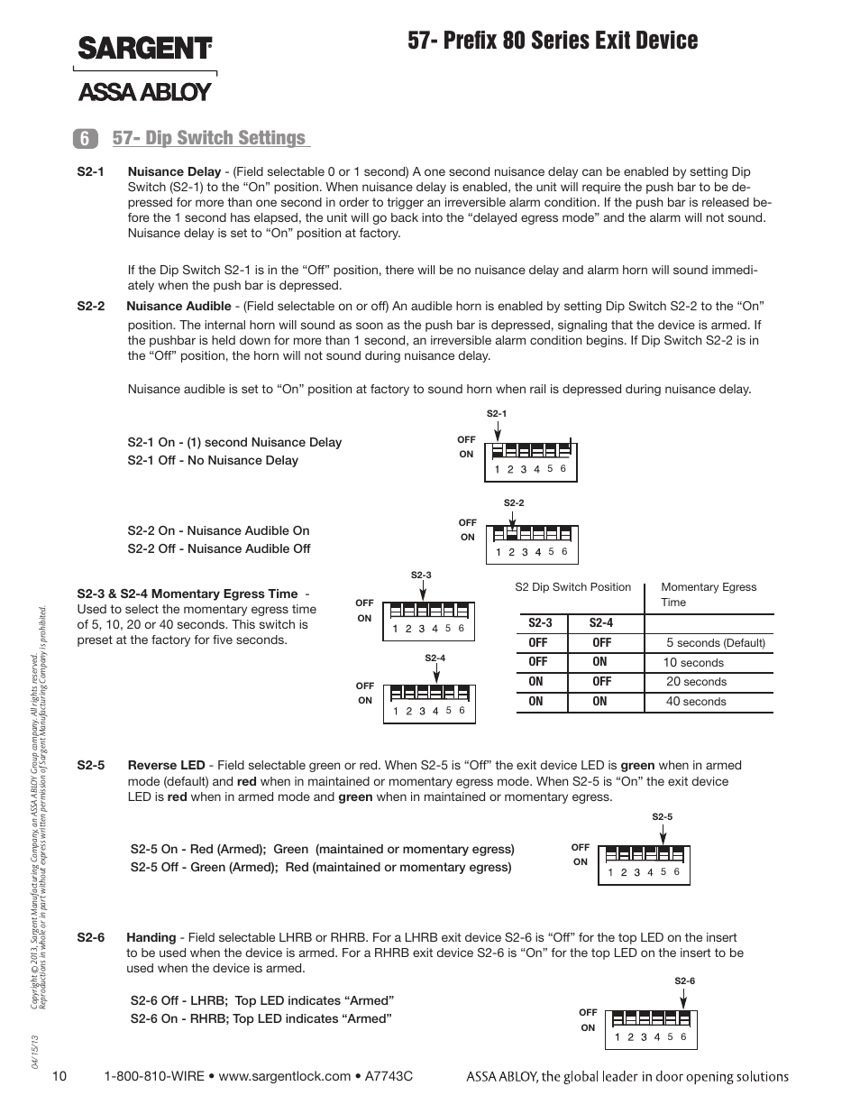 Prefix 80 series exit device, Dip switch settings 6 | SARGENT 57 - Delayed Egress User Manual | Page 10 / 24