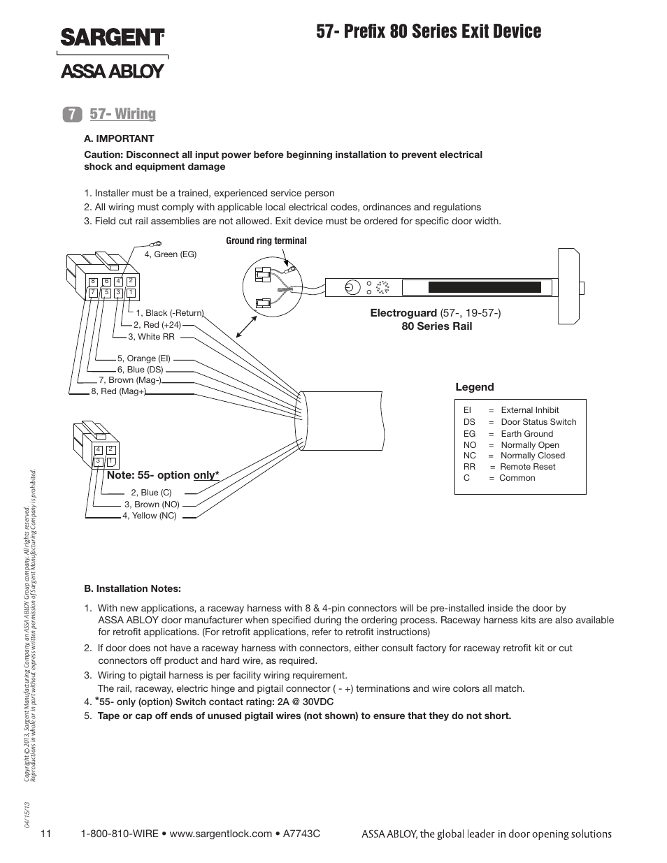 Prefix 80 series exit device, Wiring 7 | SARGENT 57 - Delayed Egress User Manual | Page 11 / 24