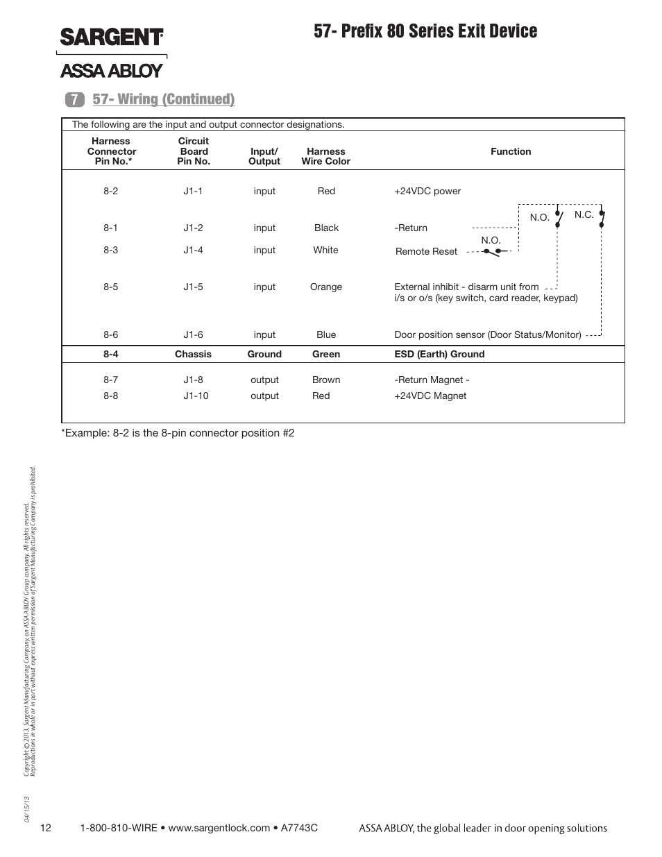 Prefix 80 series exit device, Wiring (continued) 7 | SARGENT 57 - Delayed Egress User Manual | Page 12 / 24