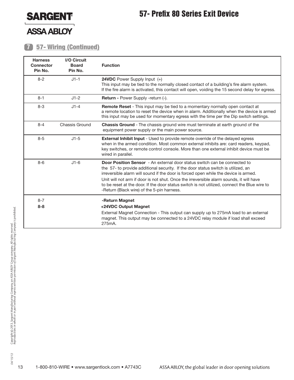 Prefix 80 series exit device, Wiring (continued) 7 | SARGENT 57 - Delayed Egress User Manual | Page 13 / 24